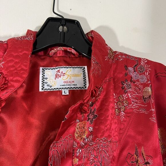 VTG Solz Squirrel Chinese Long Robe Dress Jacket Red Embroidered Pockets L Satin - Picture 3 of 8